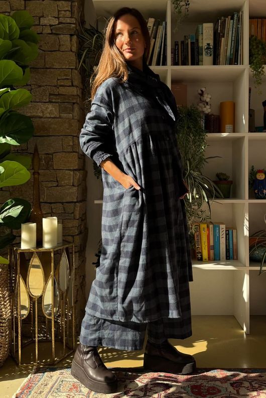 Nora Brushed Cotton Gingham Frock Coat Navy